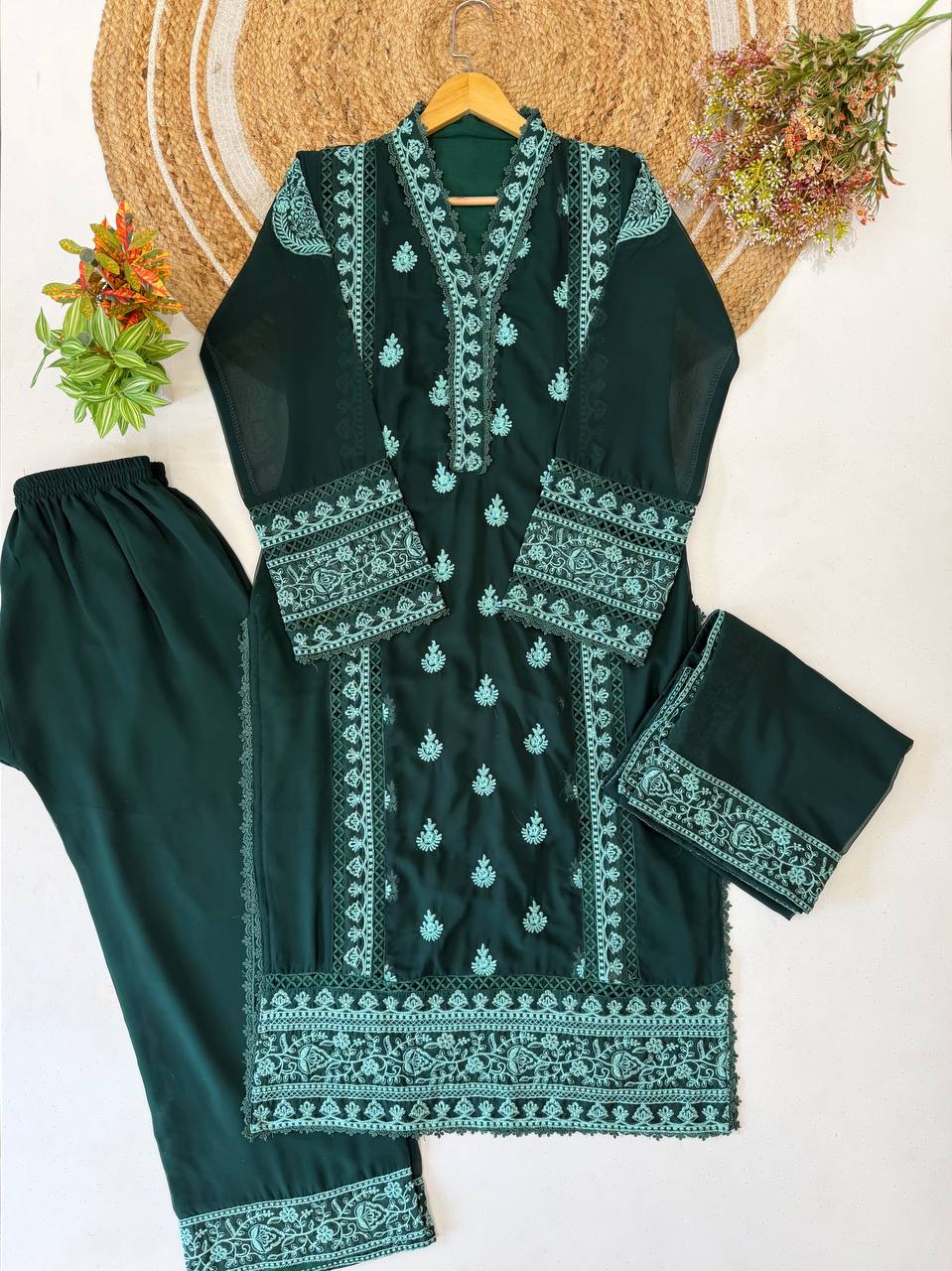 Royal Emerald Green Georgette Embroidered Palazzo Suit with Designer Dupatta - Festive Wear