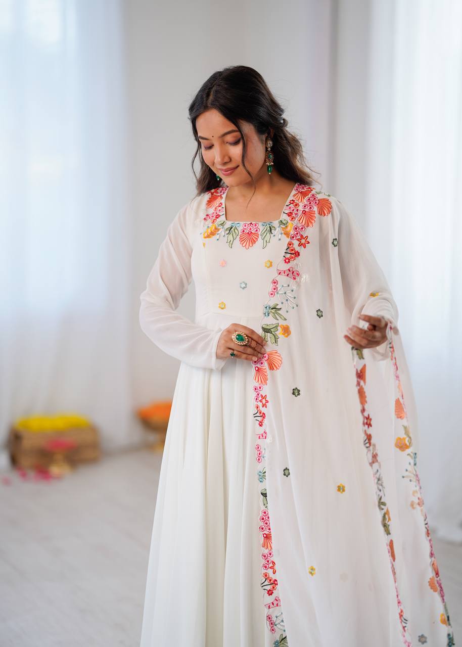 White Georgette Embroidered Anarkali Kurti Pant With Dupatta - Wedding & Festive Wear