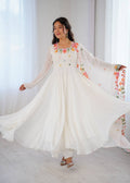 White Georgette Embroidered Anarkali Kurti Pant With Dupatta - Wedding & Festive Wear