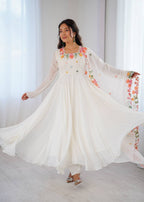 White Georgette Embroidered Anarkali Kurti Pant With Dupatta - Wedding & Festive Wear