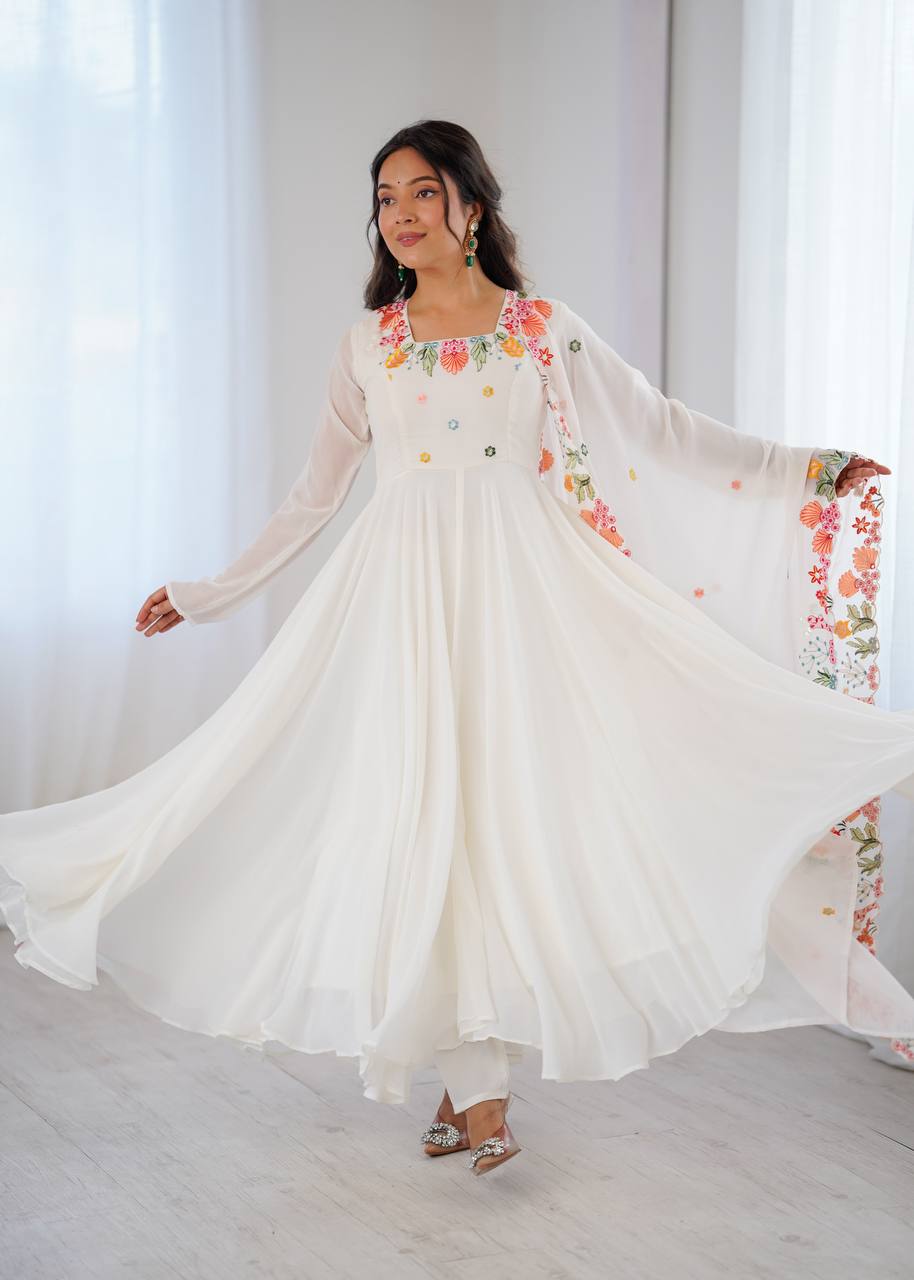 White Georgette Embroidered Anarkali Kurti Pant With Dupatta - Wedding & Festive Wear