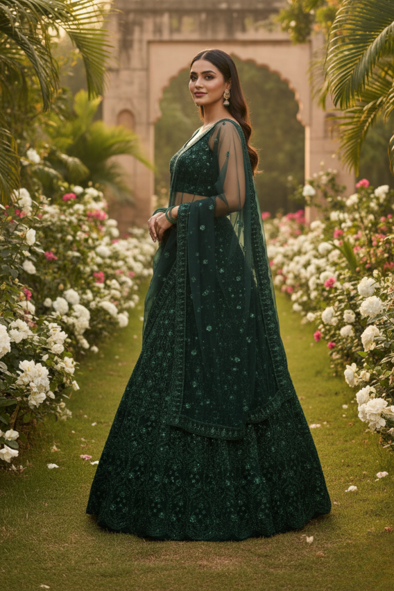 Designer Green Net Lehenga with Rainbow Sequins & Dori Work