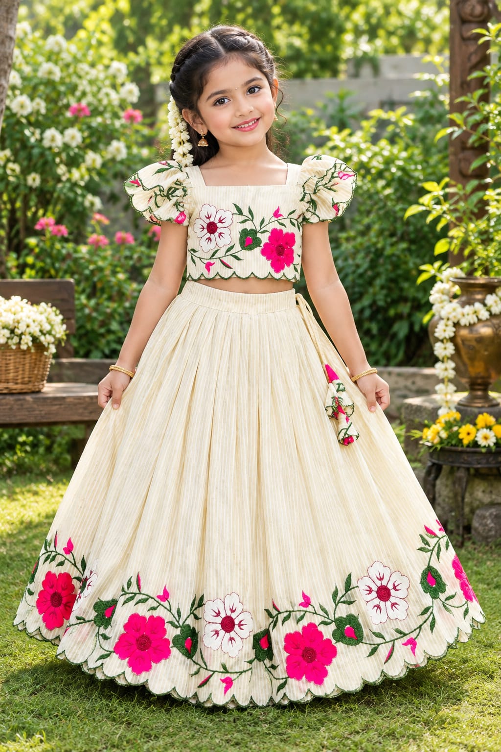 Girls' Ivory Floral Designer Lehenga Choli | Ages 6 Months–16 Years