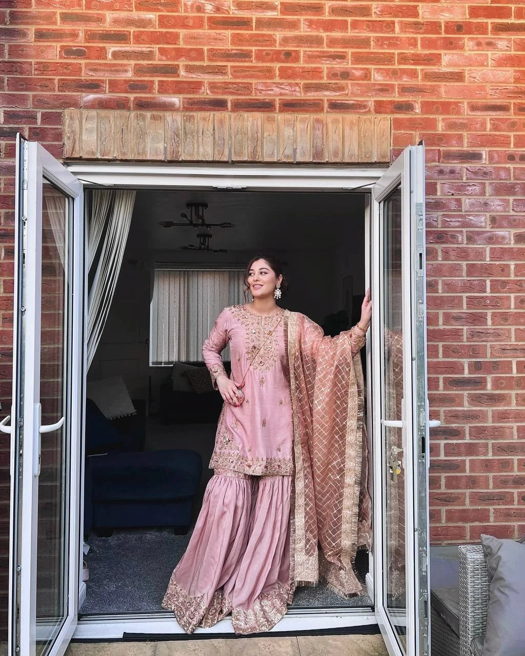 Festive Baby Pink Chinon Sharara Suit with Dupatta – 3 Piece Set