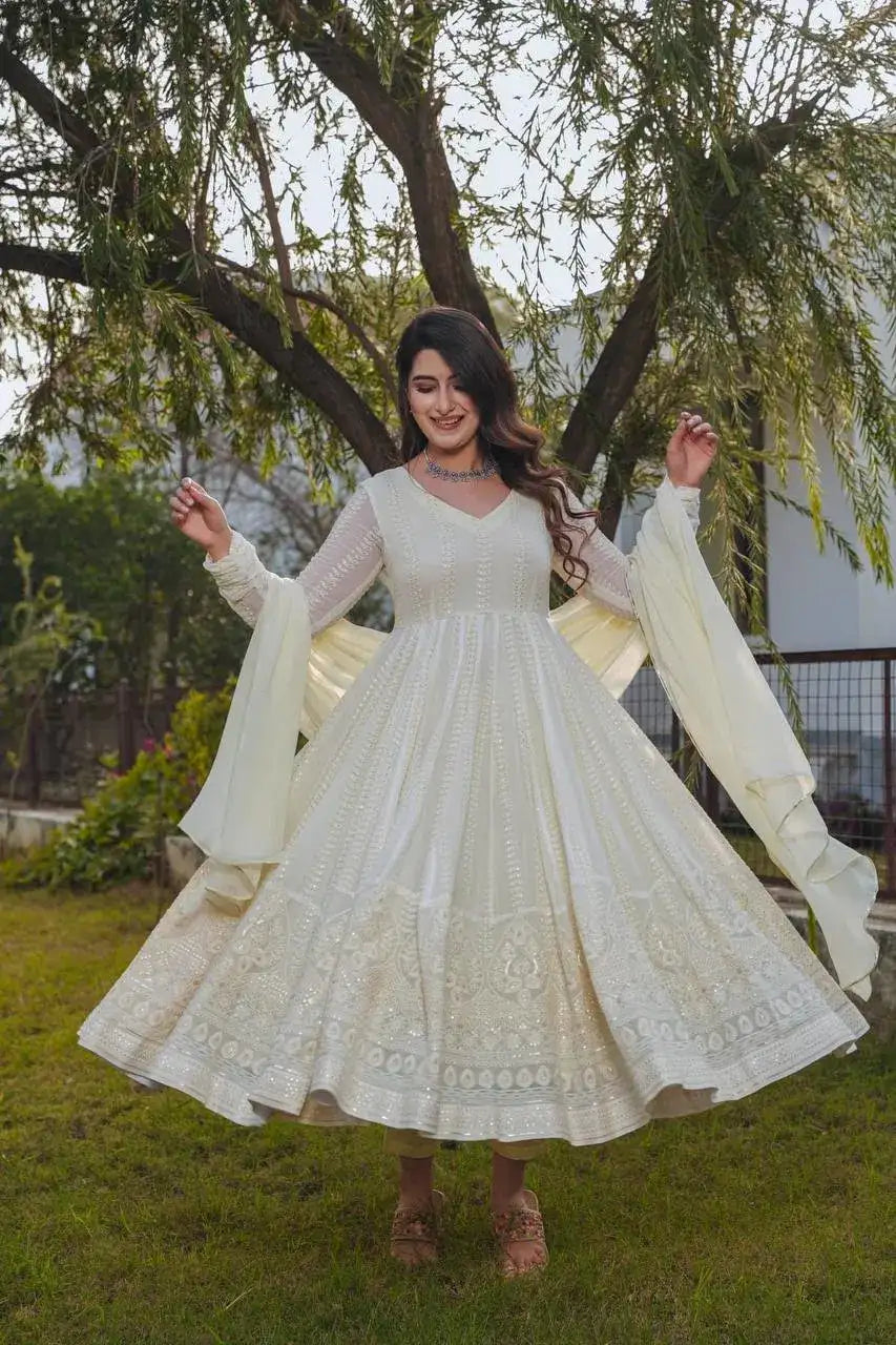 Elegant Designer Long Gown with Matching Bottom & Dupatta for Wedding and Festive Wear