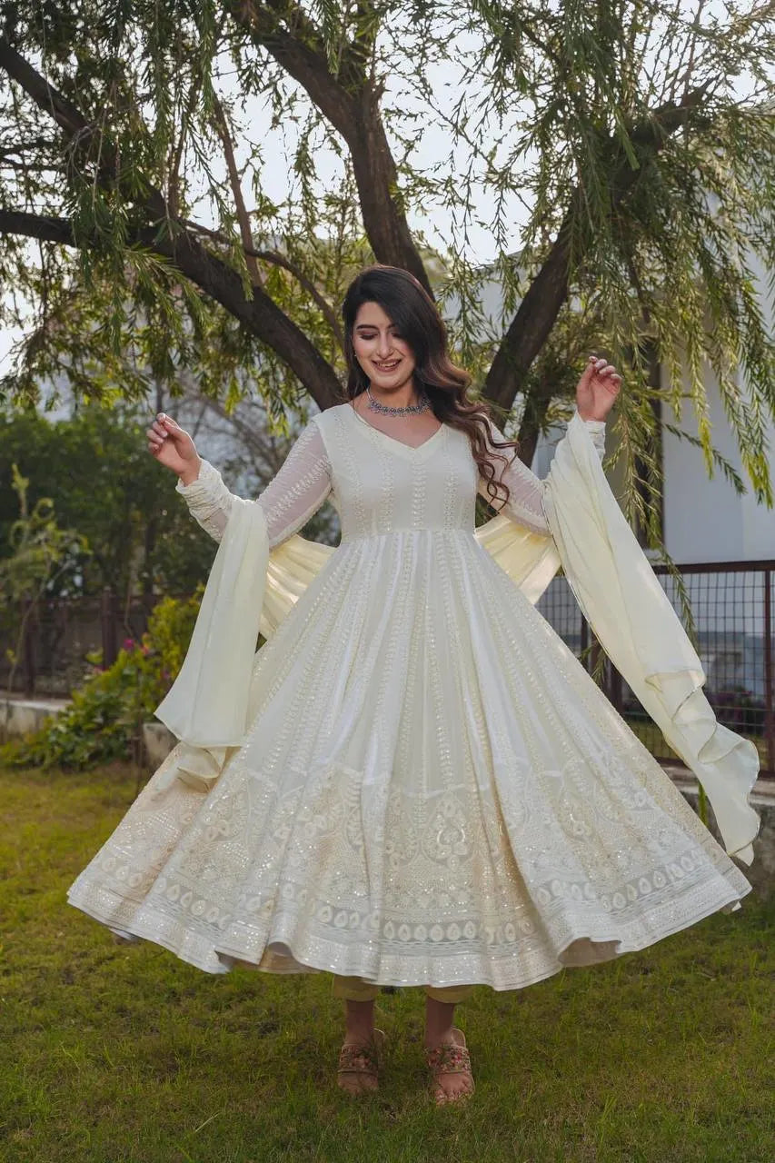 Elegant Designer Long Gown with Matching Bottom & Dupatta for Wedding and Festive Wear