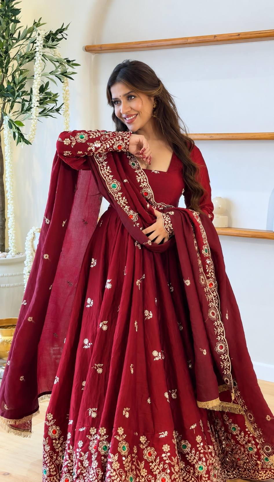 Maroon Festive Anarkali Suit Set for Karwa Chauth, Wedding & Traditional Occasions