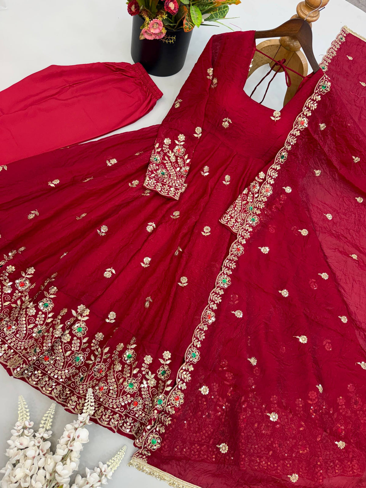 Maroon Festive Anarkali Suit Set for Karwa Chauth, Wedding & Traditional Occasions