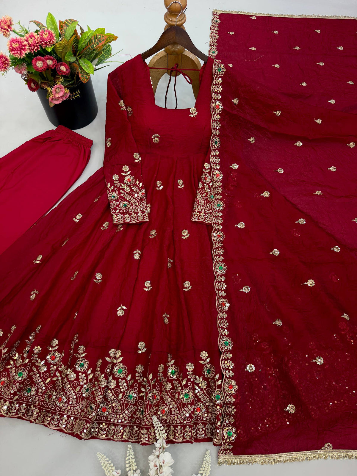 Maroon Festive Anarkali Suit Set for Karwa Chauth, Wedding & Traditional Occasions