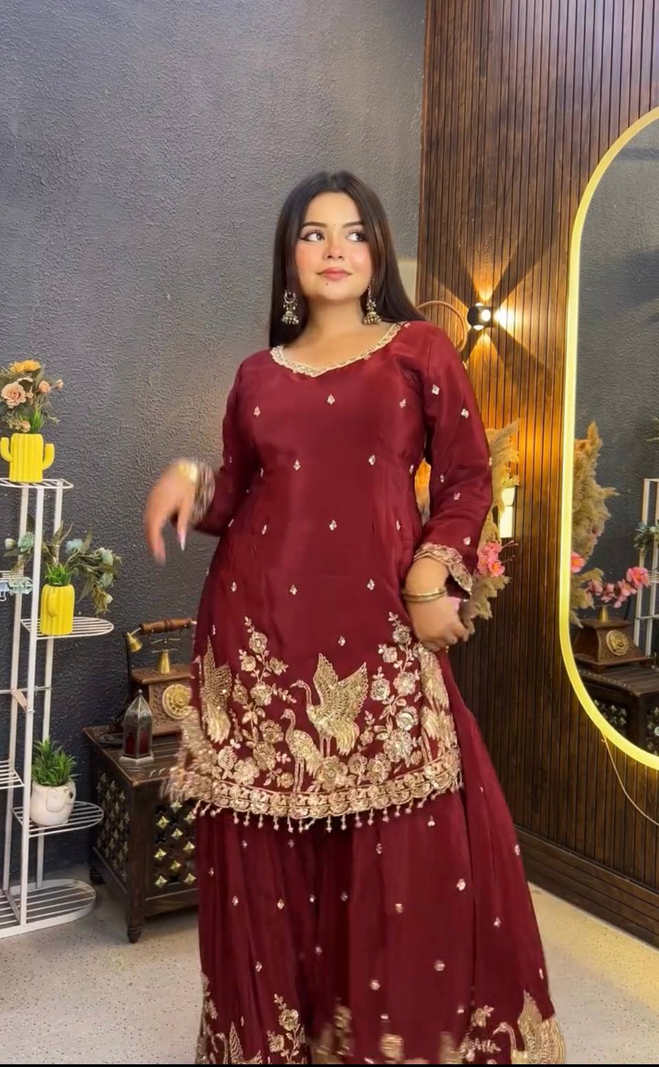 Karwa Chauth Special Maroon Chinon Silk Palazzo Suit with Heavy Embroidery & Dupatta
