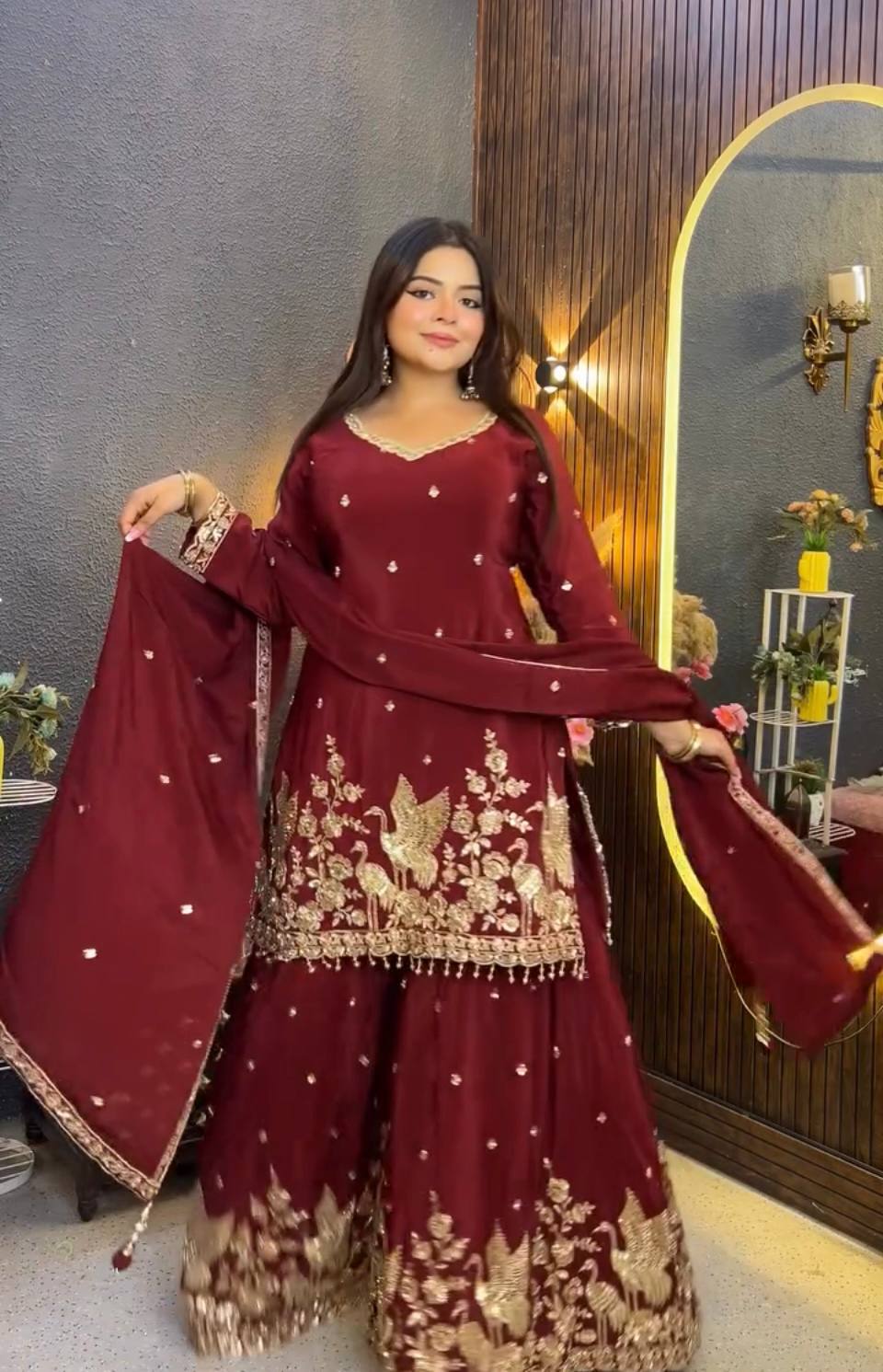 Karwa Chauth Special Maroon Chinon Silk Palazzo Suit with Heavy Embroidery & Dupatta