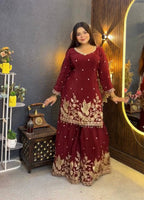 Karwa Chauth Special Maroon Chinon Silk Palazzo Suit with Heavy Embroidery & Dupatta