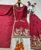 Karwa Chauth Special Maroon Chinon Silk Palazzo Suit with Heavy Embroidery & Dupatta