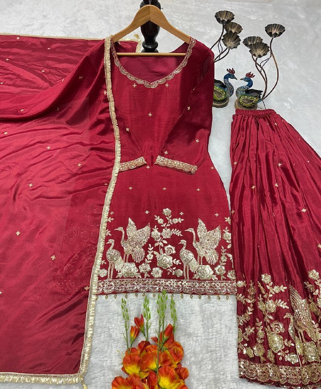 Karwa Chauth Special Maroon Chinon Silk Palazzo Suit with Heavy Embroidery & Dupatta