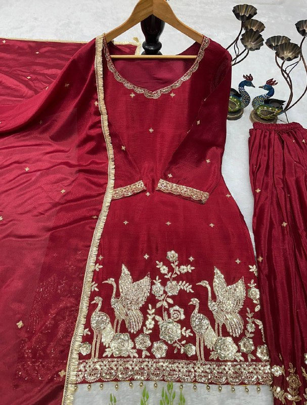 Karwa Chauth Special Maroon Chinon Silk Palazzo Suit with Heavy Embroidery & Dupatta