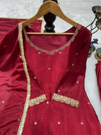 Karwa Chauth Special Maroon Chinon Silk Palazzo Suit with Heavy Embroidery & Dupatta