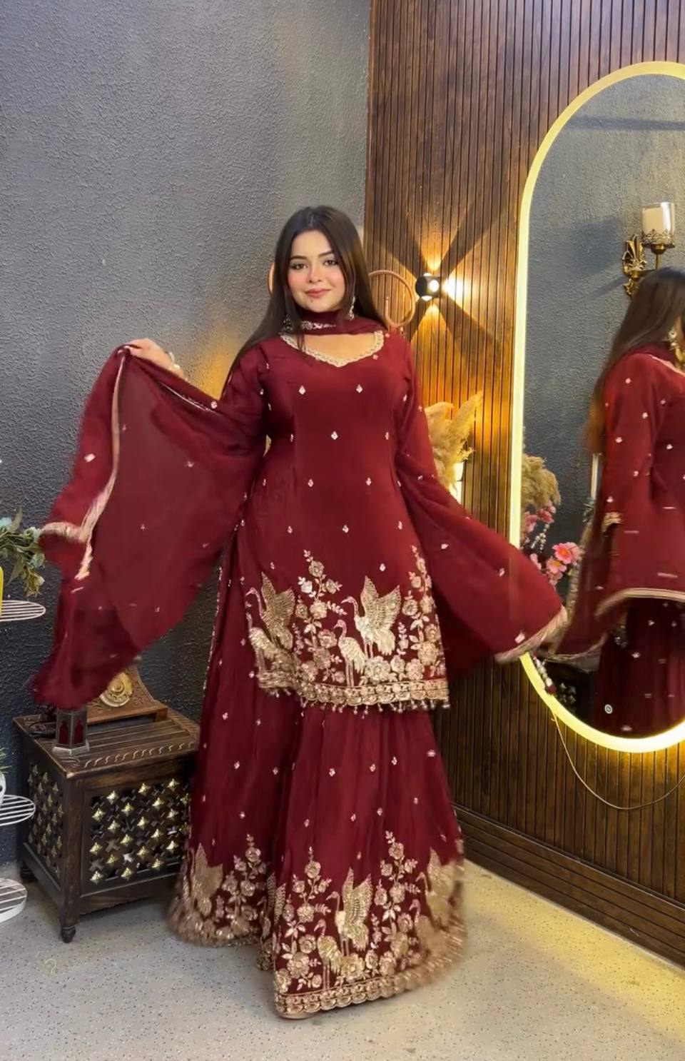 Karwa Chauth Special Maroon Chinon Silk Palazzo Suit with Heavy Embroidery & Dupatta