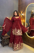 Karwa Chauth Special Maroon Chinon Silk Palazzo Suit with Heavy Embroidery & Dupatta