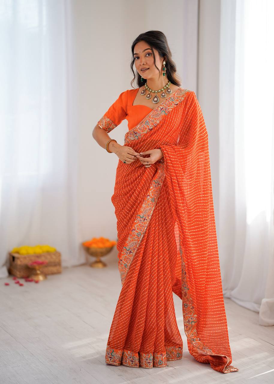 Stunning Orange Designer Saree for Weddings, Festive & Party Wear