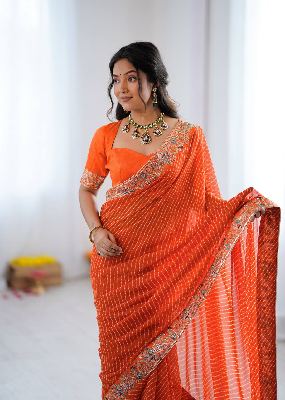 Stunning Orange Designer Saree for Weddings, Festive & Party Wear