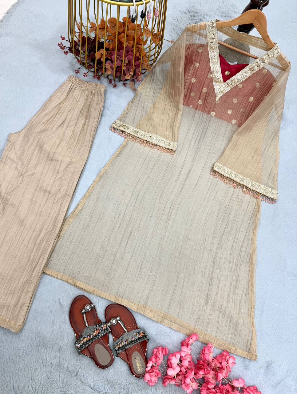 Golden Kurta Red Blouse With Palazzo For Festives And Weddings