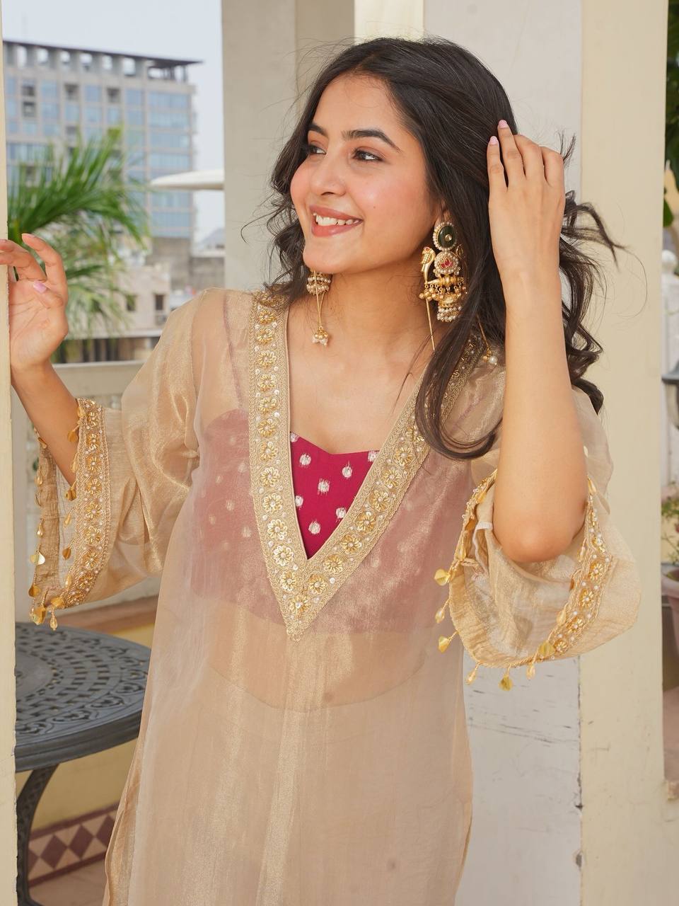 Golden Kurta Red Blouse With Palazzo For Festives And Weddings