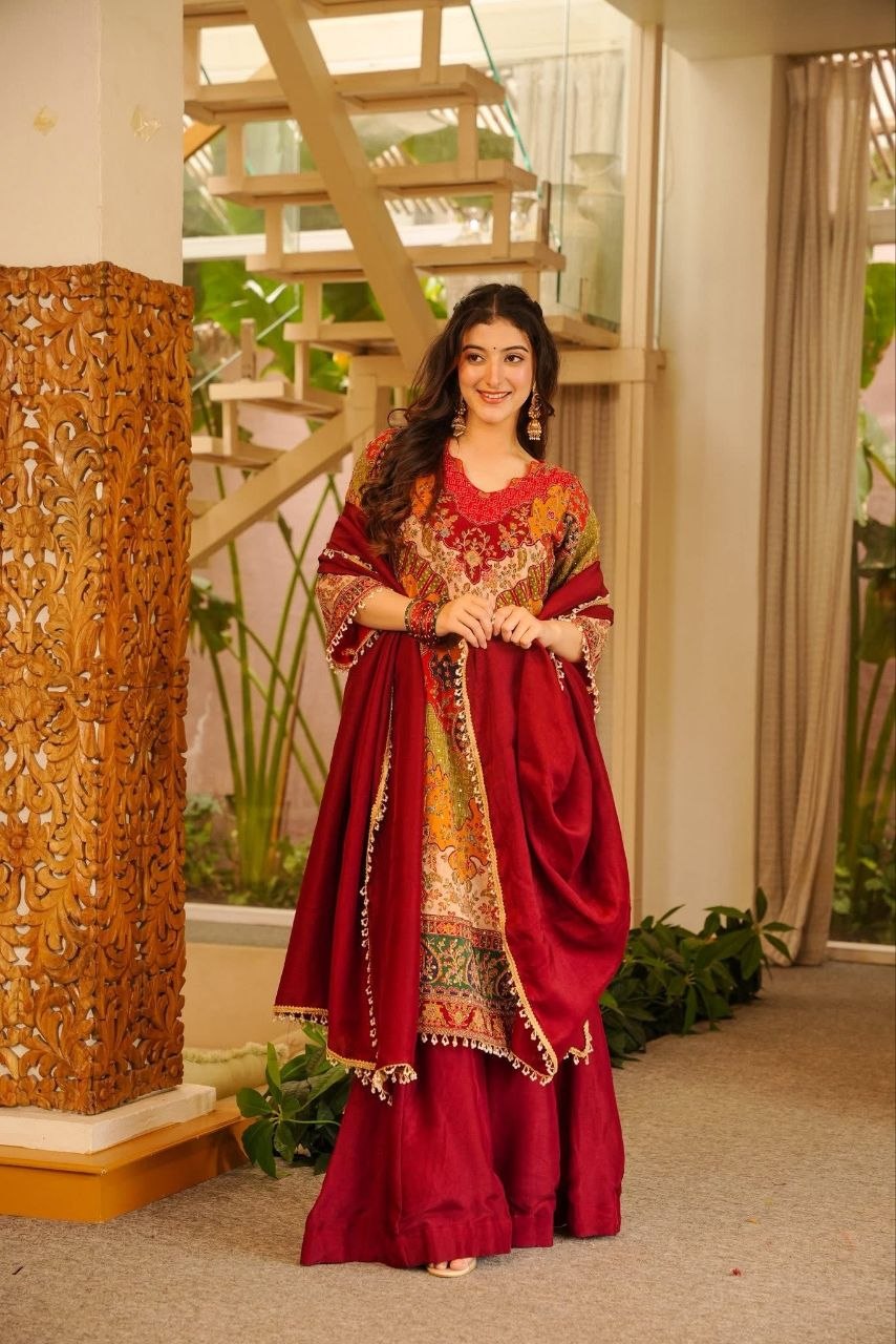 Viral Red Designer Kurti Sharara Set for Festive and Wedding Season Glam