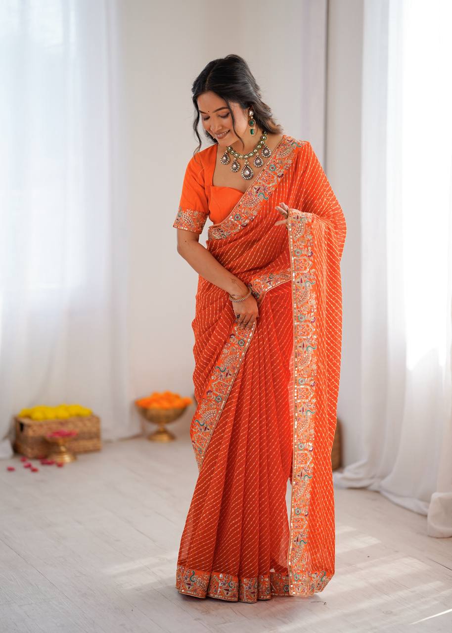 Stunning Orange Designer Saree for Weddings, Festive & Party Wear