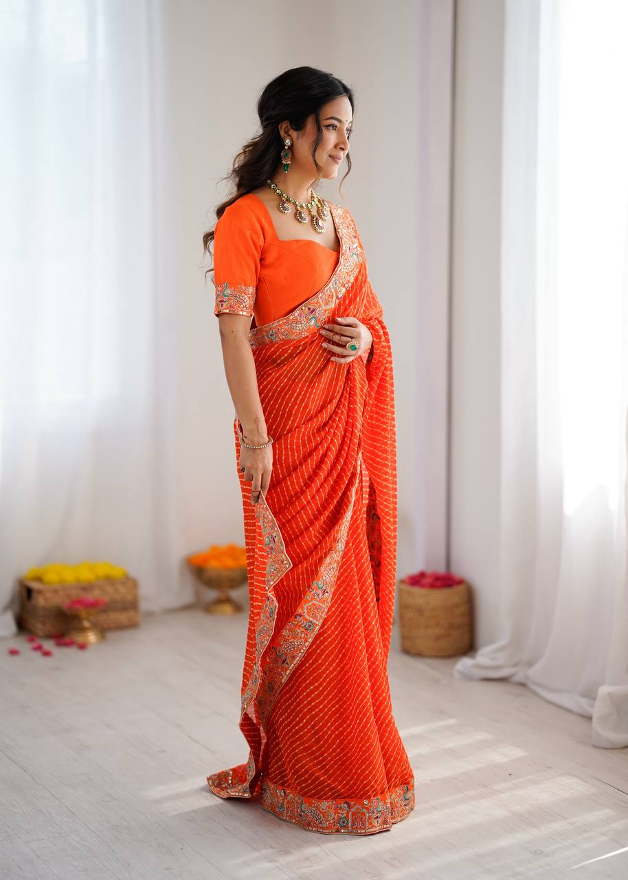 Stunning Orange Designer Saree for Weddings, Festive & Party Wear