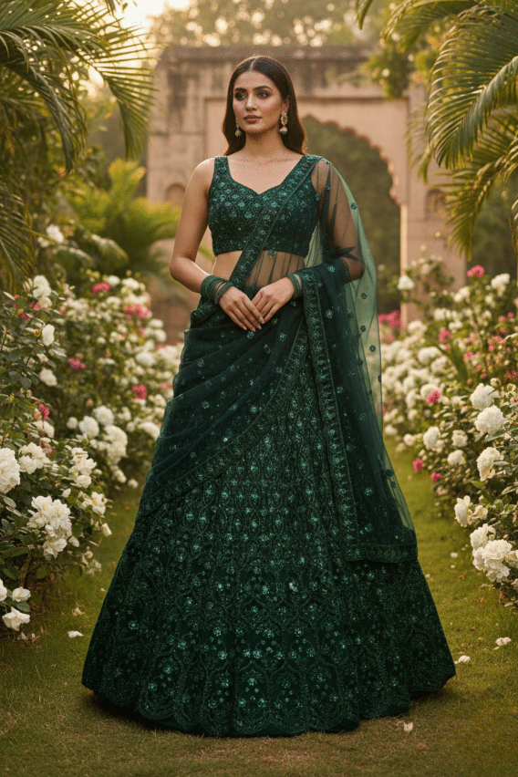 Woman in a green traditional outfit standing in a garden with flowers and architecture.