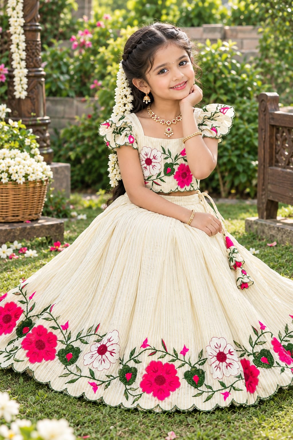 Girls' Ivory Floral Designer Lehenga Choli | Ages 6 Months–16 Years