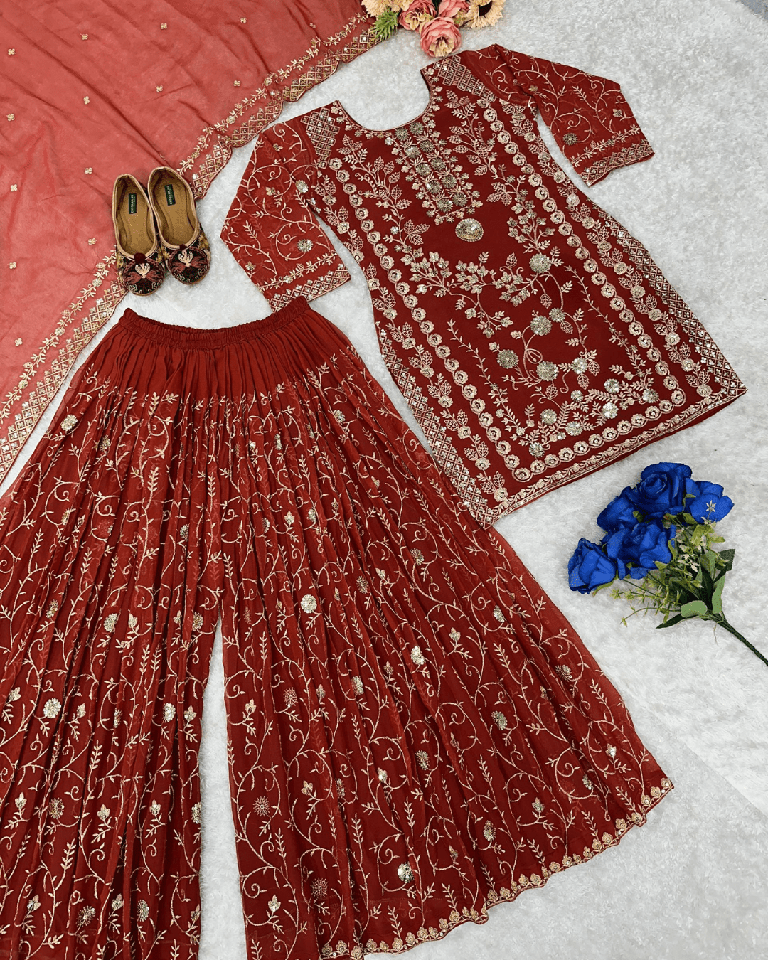 Embroidered Georgette Top & Palazzo Set with Fancy Dupatta