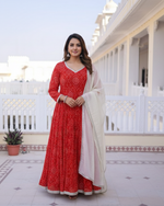 Red Bhandej Printed Anarkali Gown with Gotta Lace Work Dupatta