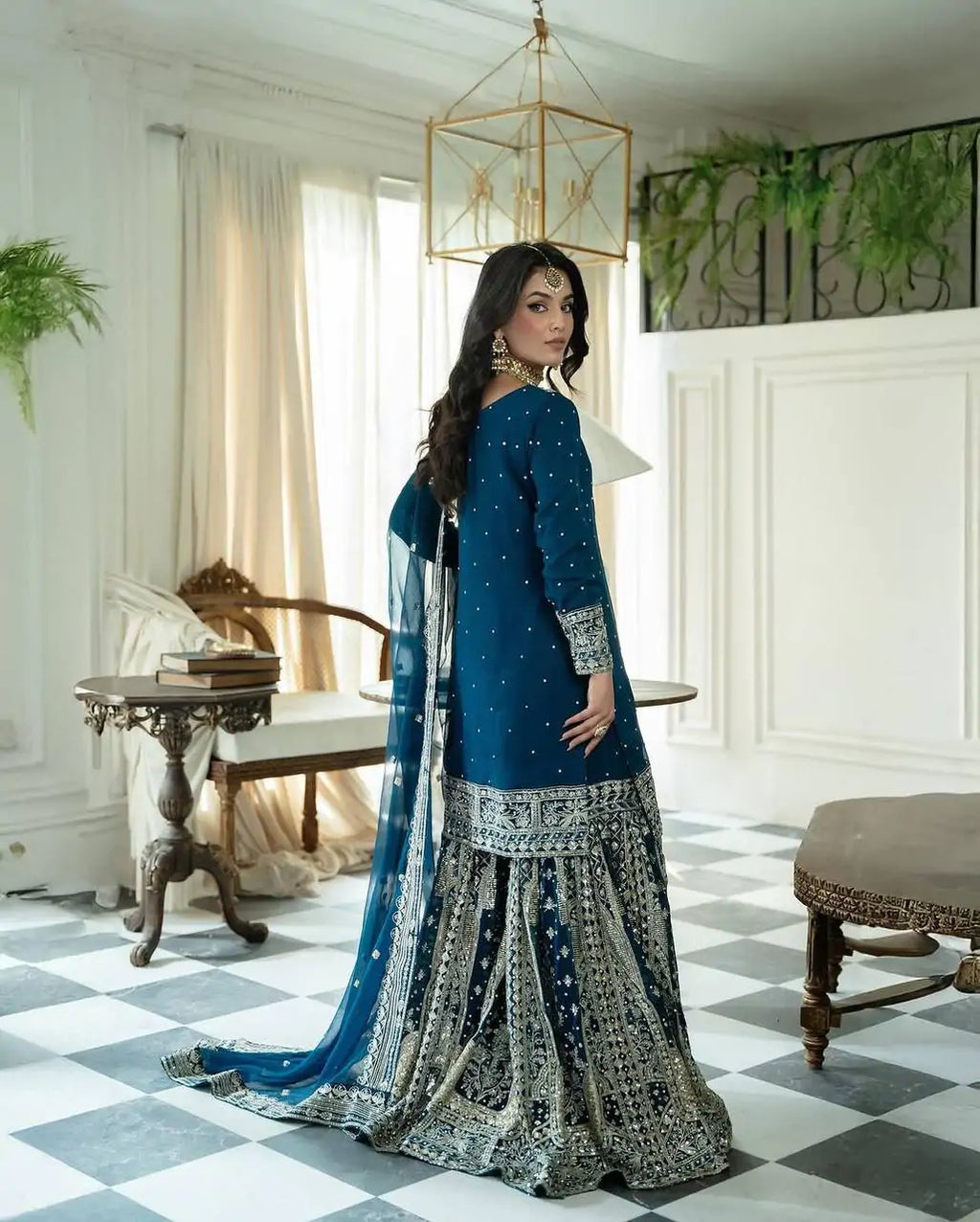 Designer Blue Moti Work Heavy Georgette Embroidered Gharara Set