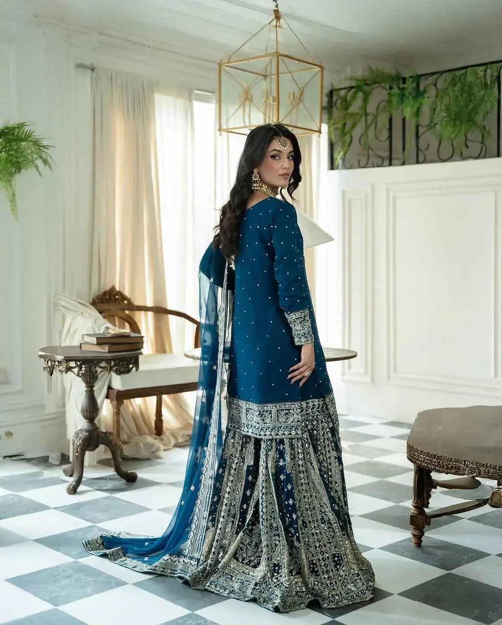 Designer Blue Moti Work Heavy Georgette Embroidered Gharara Set