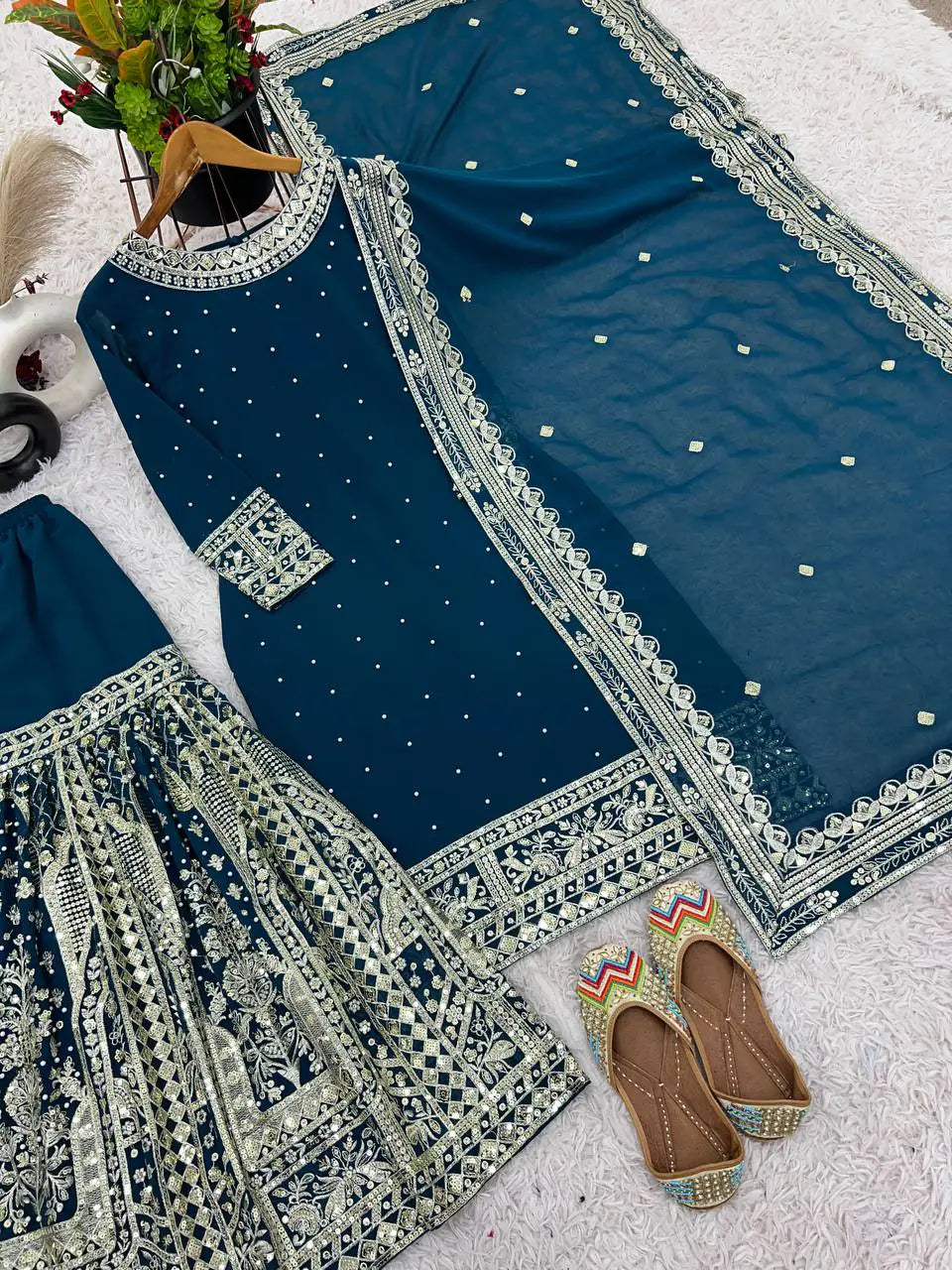 Designer Blue Moti Work Heavy Georgette Embroidered Gharara Set