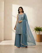 Designer Bean Blue Top & Palazzo with Dupatta – Festive Elegance
