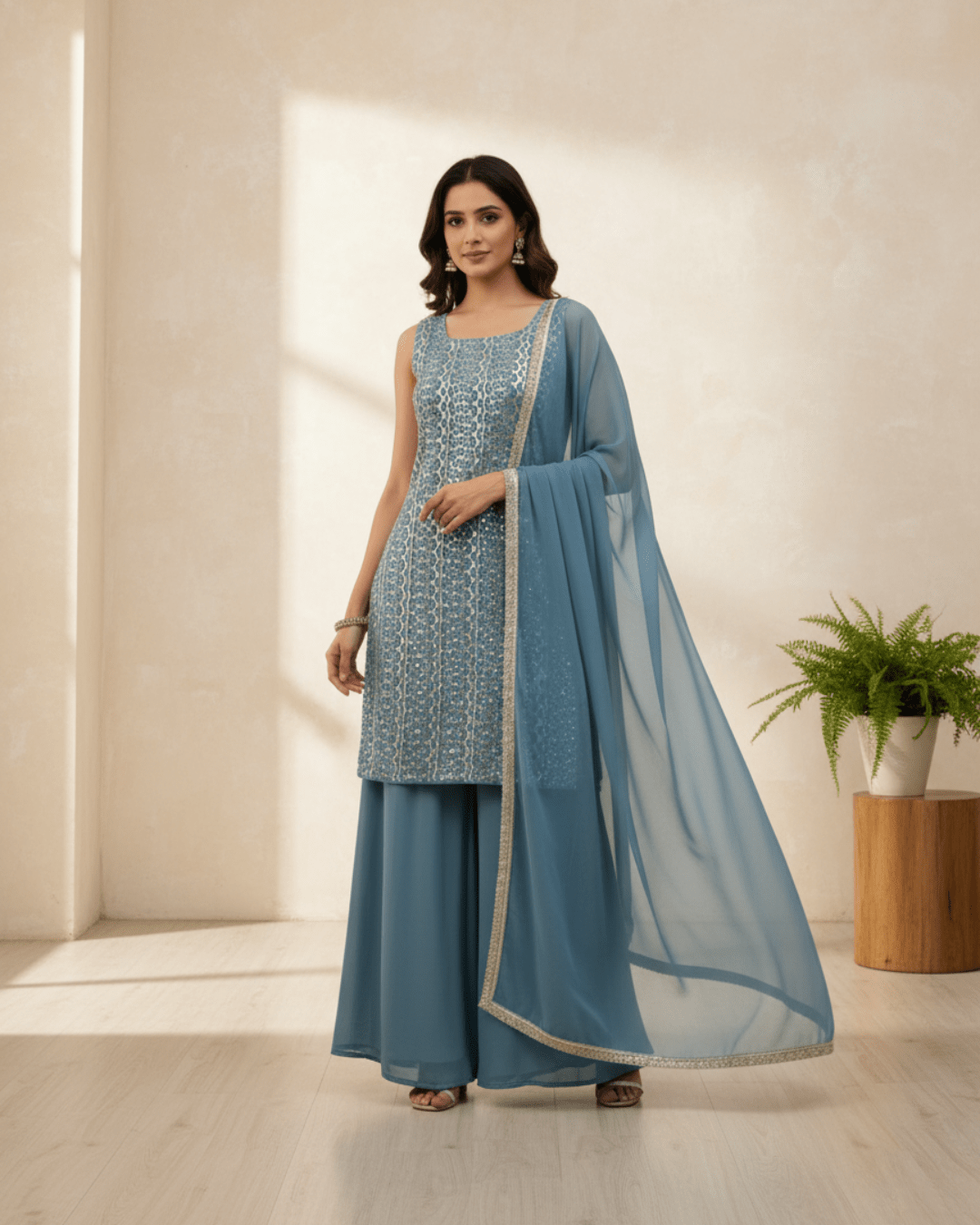 Designer Bean Blue Top & Palazzo with Dupatta – Festive Elegance