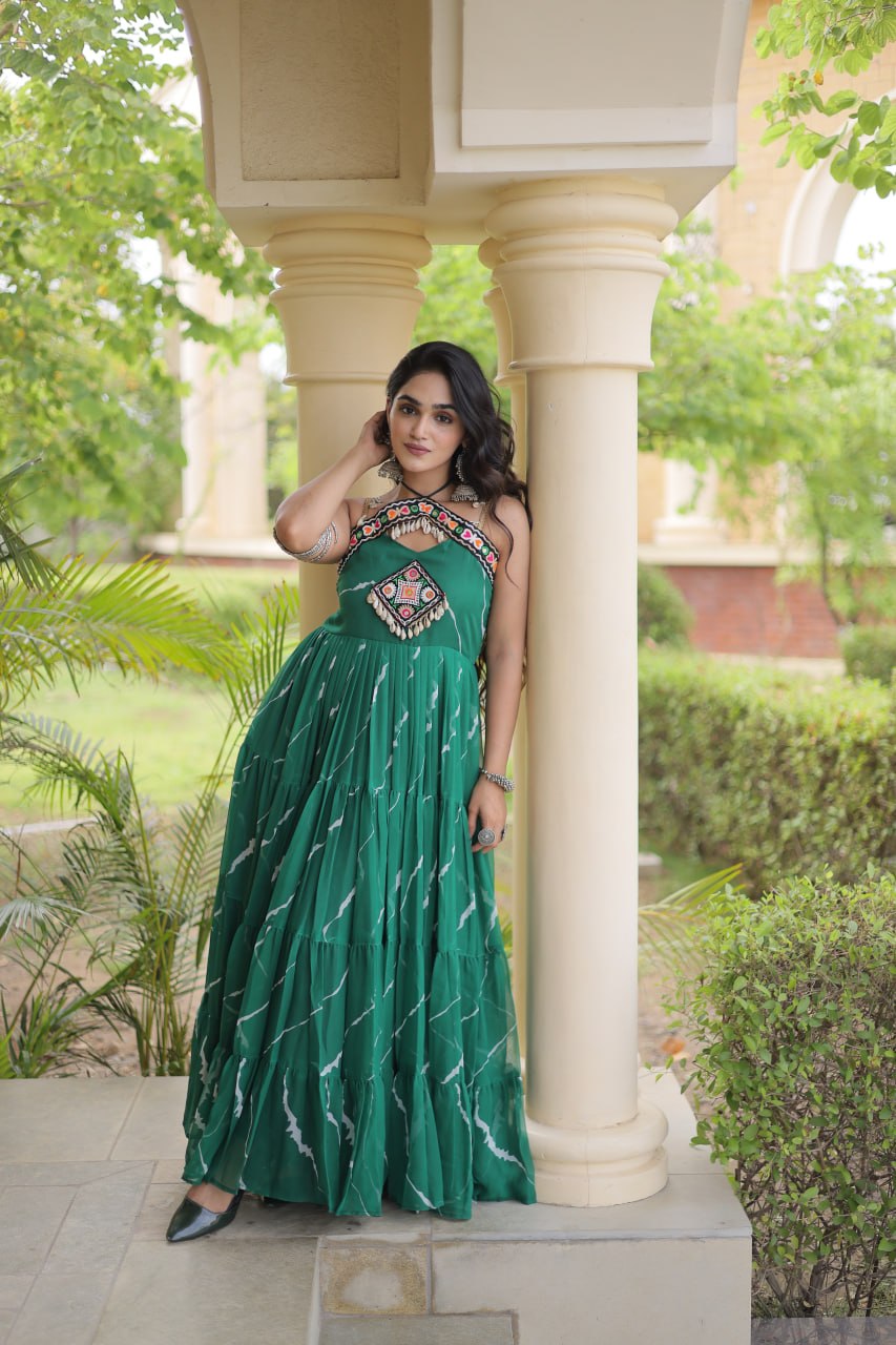 Trendy Leheriya Print Kutchi Patchwork Flared Gown for Festive Celebrations