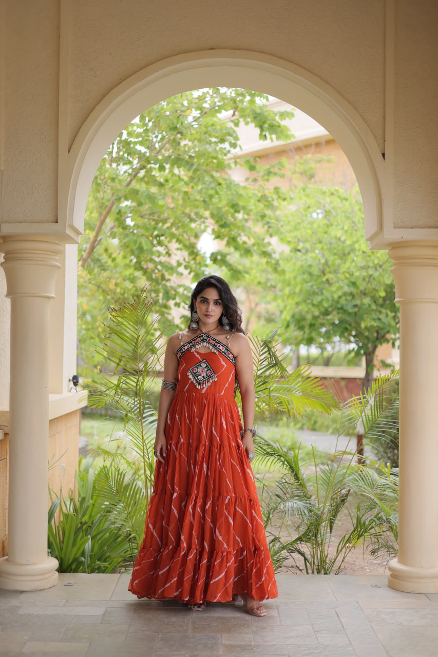 Trendy Leheriya Print Kutchi Patchwork Flared Gown for Festive Celebrations