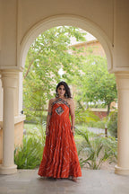 Trendy Leheriya Print Kutchi Patchwork Flared Gown for Festive Celebrations