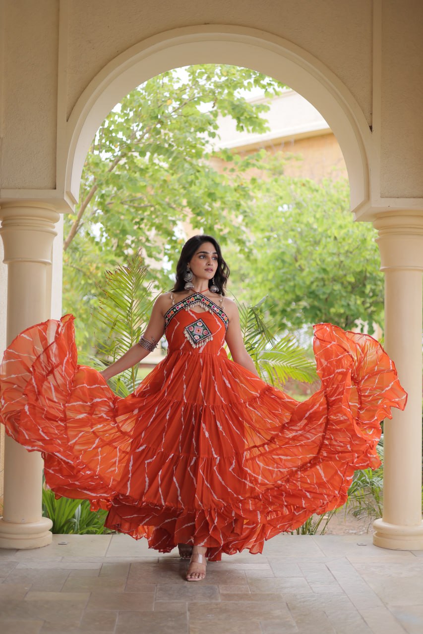 Trendy Leheriya Print Kutchi Patchwork Flared Gown for Festive Celebrations