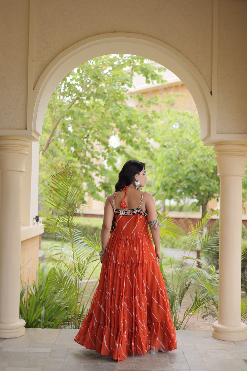 Trendy Leheriya Print Kutchi Patchwork Flared Gown for Festive Celebrations