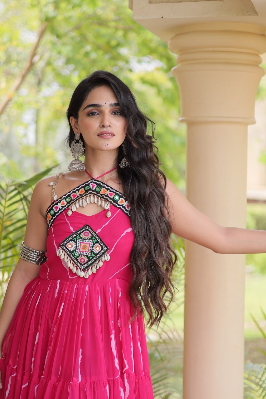 Trendy Leheriya Print Kutchi Patchwork Flared Gown for Festive Celebrations