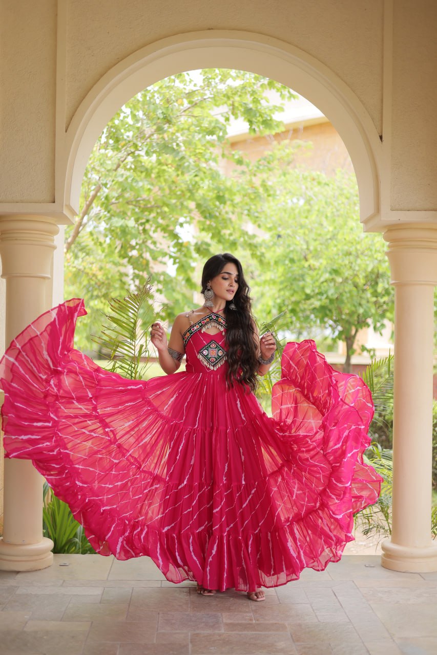 Trendy Leheriya Print Kutchi Patchwork Flared Gown for Festive Celebrations