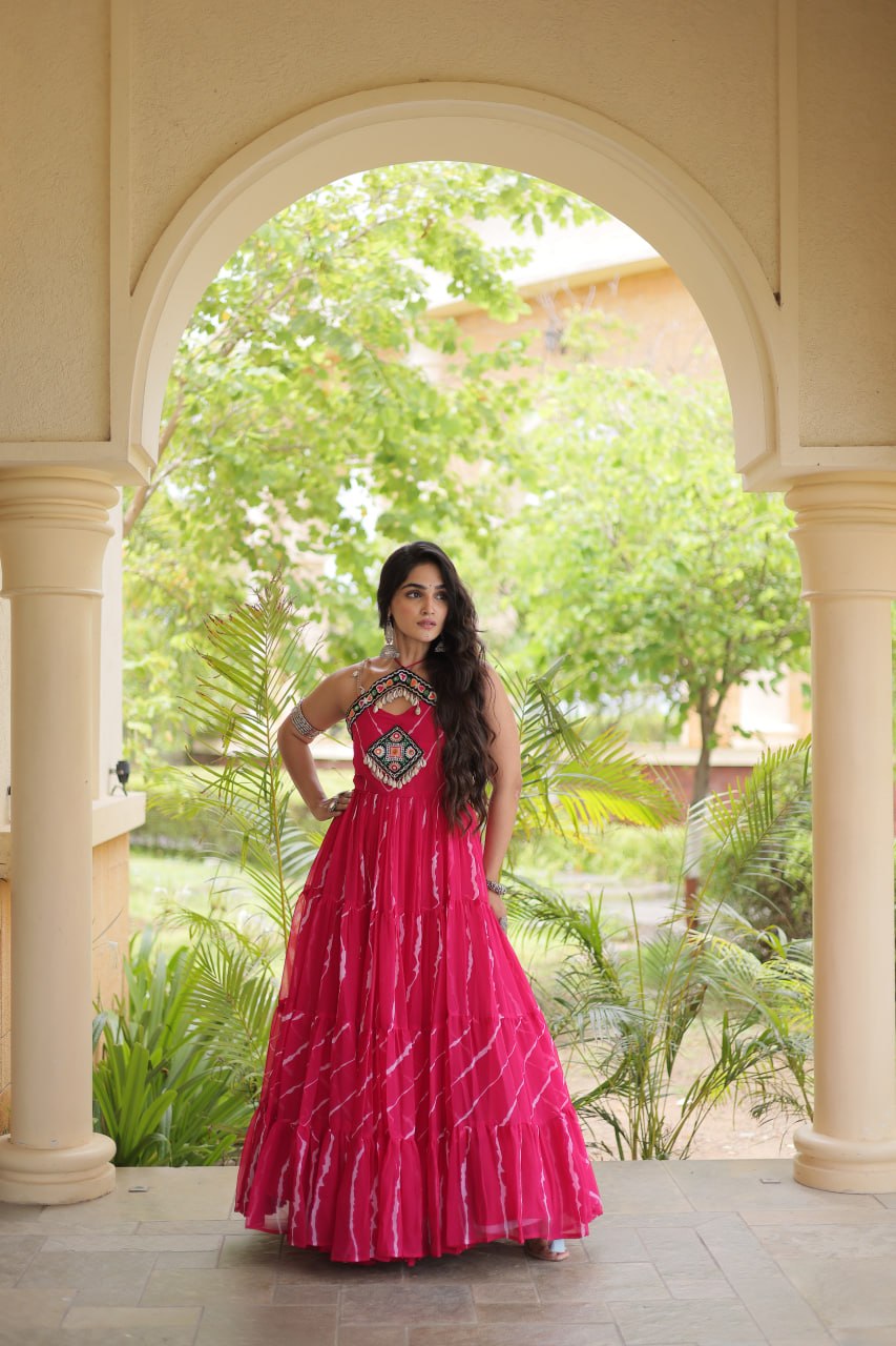 Trendy Leheriya Print Kutchi Patchwork Flared Gown for Festive Celebrations