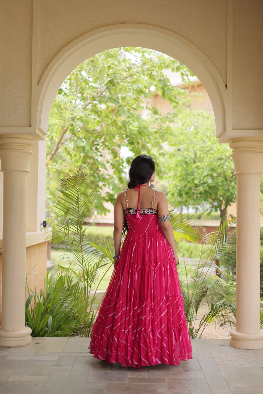 Trendy Leheriya Print Kutchi Patchwork Flared Gown for Festive Celebrations