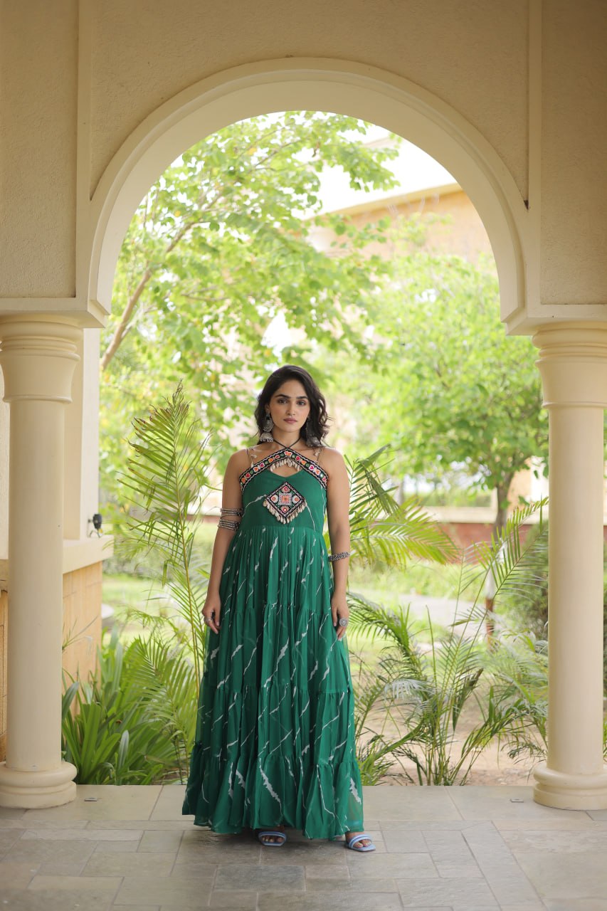 Trendy Leheriya Print Kutchi Patchwork Flared Gown for Festive Celebrations