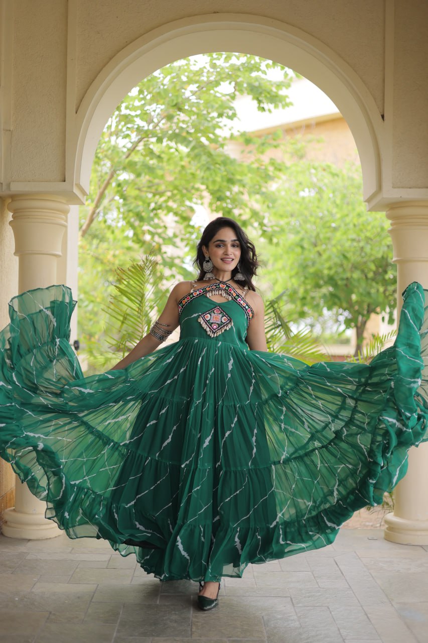 Trendy Leheriya Print Kutchi Patchwork Flared Gown for Festive Celebrations