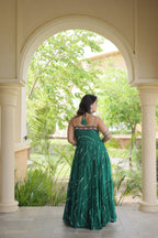 Trendy Leheriya Print Kutchi Patchwork Flared Gown for Festive Celebrations